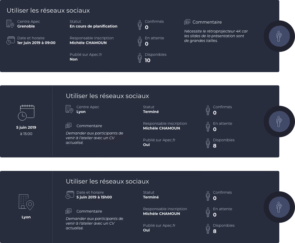 Bibliothèque de composants UI de l'application métier Apec : cards, tableaux, navigation