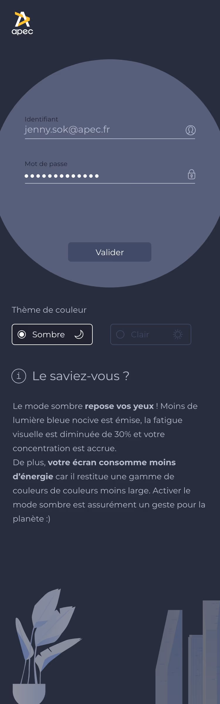 Écran de connexion mobile de l'application métier Apec
