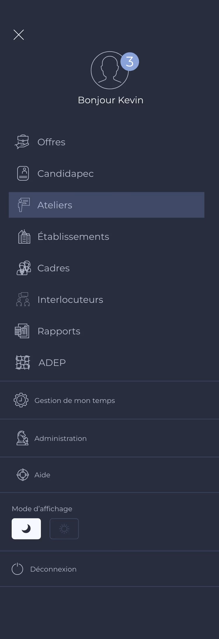 Menu de navigation mobile de l'application métier Apec
