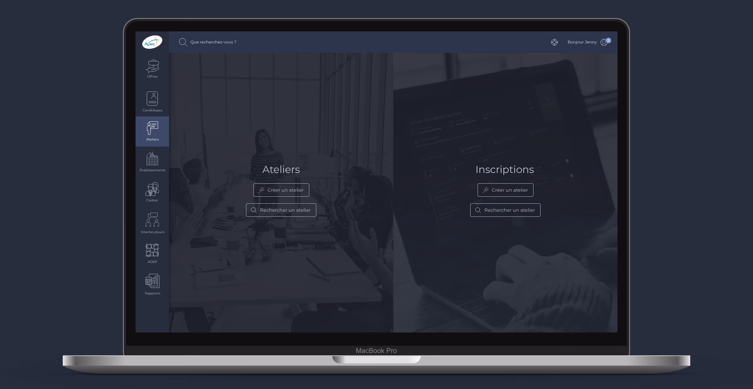 Apec — Refonte UX de l'application métier des 600 conseillers de l'Apec : recherche unifiée, design system en mode sombre et prototypes haute fidélité.